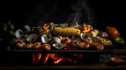scallops, vegetables, corn, onions on grill