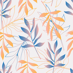 Modern tropical leaves in yellow and blue gradient on a white background create a seamless pattern for fabrics. 