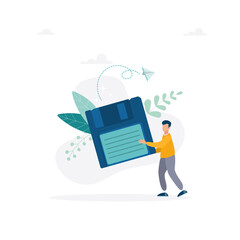 The guy is holding a floppy disk. The concept of saving digital data, file storage, archive or backup. Flat vector illustration for banner, poster.
