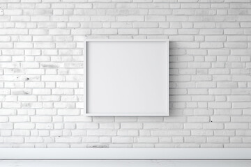 Blank white frame on white brick wall mockup, Generative AI