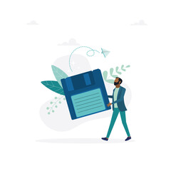 The guy is holding a floppy disk. The concept of saving digital data, file storage, archive or backup. Flat vector illustration for banner, poster.
