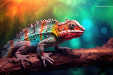 Obraz premium Close-up of colorful chameleon on the branch, Generative AI