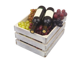 Two bottles of wine and grapes in wooden crate isolated on white background.