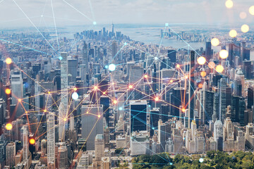 Fototapeta premium Aerial panoramic helicopter city view of Midtown Manhattan neighborhoods and Central Park, New York, USA. Social media hologram. Concept of networking and establishing new people connections