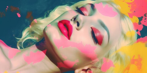 Beautiful blonde woman close-up with bright make-up and closed eyes on an abstract background. Beauty Dreamlike banner.Generative AI.