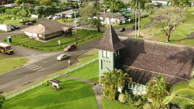 Aerial views from over Waiʻoli Huiʻia Church and downtown Hanalei, on the Hawaiian island of Kauai