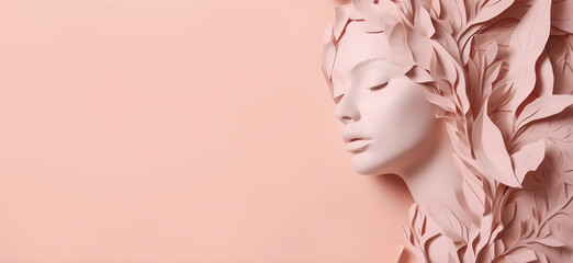 Paper art pretty women face on pastel pink background, free space, super sharp. AI generated