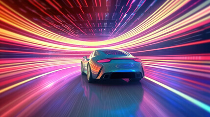 Naklejka premium Speeding Sports Car On Neon Highway. Powerful acceleration of a supercar on a night track with colorful lights and trails. 3d illustration Generative AI.