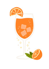 Aperol spritz cocktail with orange slice and half of fruit. Low-alcohol drink with ice cubes and sparkling water. Summer fresh aperitif. Vector illustration.