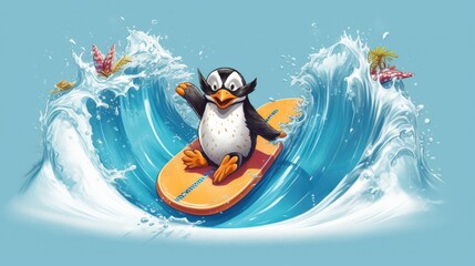 A funny penguin in a Hawaiian shirt, sliding down an ice slide into a mini pool of water, enjoying a refreshing splash - Generative Ai