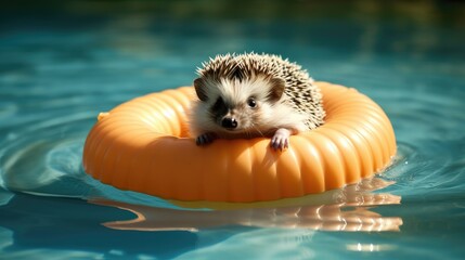 A contented hedgehog floating on a cute inflatable tube in a pool, wearing a mini life jacket and soaking up the sun - Generative Ai