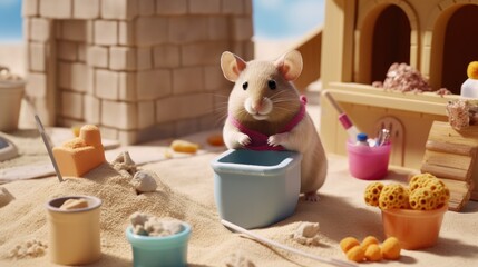 A playful hamster building a sandcastle with miniature buckets and shovels, wearing a tiny swimsuit and sunblock on its nose - Generative Ai