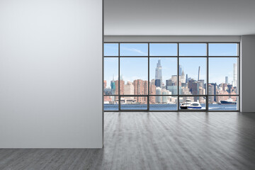 Obraz na płótnie Canvas Midtown New York City Manhattan Skyline Buildings High Rise Window. Beautiful Expensive Real Estate. Empty room Interior Skyscrapers View Cityscape. Day time. East side. Mock up wall. 3d rendering.