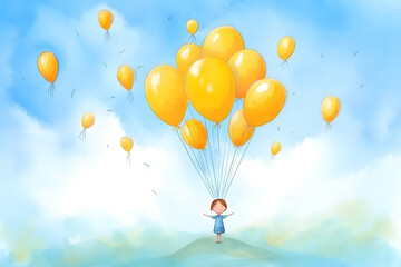 Girl with yellow balloons, happiness concept illustration, ai generated