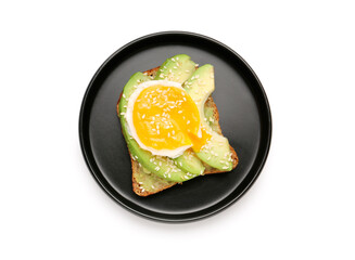 Plate of tasty avocado toast with egg on white background