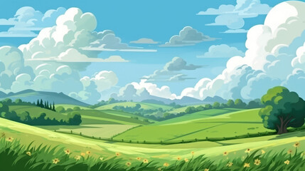 Rolling Summer Hills, Green Pastures, Blue Sky with Fluffy Clouds, Abstract Cartoon Art, Digital Illustration, Generative AI