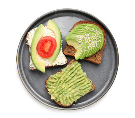 Plate of tasty avocado toasts on white background