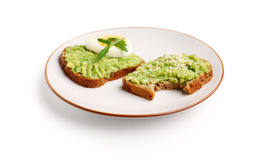 Plate of tasty avocado toasts on white background
