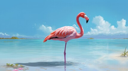 A chilled-out flamingo standing on one leg in shallow water, wearing a lei necklace and basking in the sun - Generative Ai