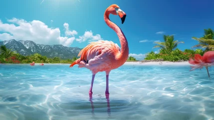 Fotobehang A chilled-out flamingo standing on one leg in shallow water, wearing a lei necklace and basking in the sun - Generative Ai © Filip
