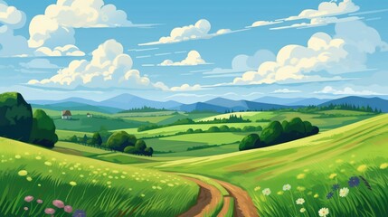 Fototapeta premium Rolling Summer Hills, Green Pastures, Blue Sky with Fluffy Clouds, Abstract Cartoon Art, Digital Illustration, Generative AI