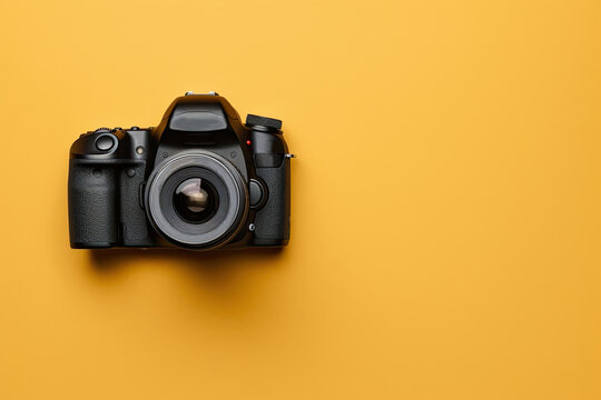 digital camera isolated on yellow background. travel concept. minimal style with copy space.