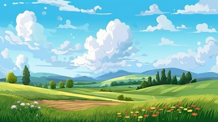 Obraz premium Rolling Summer Hills, Green Pastures, Blue Sky with Fluffy Clouds, Abstract Cartoon Art, Digital Illustration, Generative AI