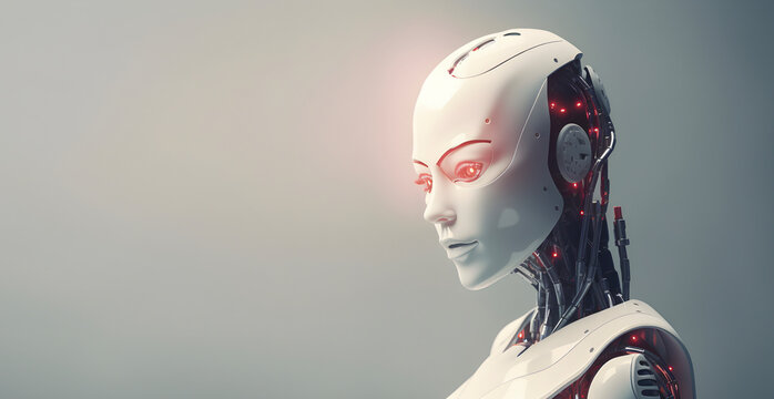 Female Robot portrait, technology concept, free copy space on grey background. AI generated