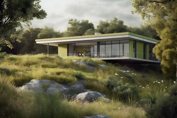 abstract modern flat roof house, modern architecture in nature, ai generated