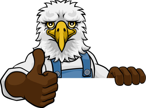 An eagle cartoon animal mascot gardener, carpenter, handyman, decorator or builder construction worker peeking around a sign and giving a thumbs up