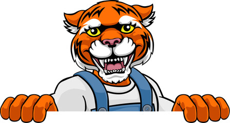 A tiger cartoon animal mascot gardener, carpenter, handyman, decorator or builder construction worker peeking around a sign