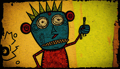 Generative AI illustration of art brut style image of groups of very stylized faces and people