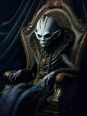An extraterrestrial alien on his royal throne. Generative AI
