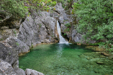 Waterfalls in Prionia at the foot of Mount Olympus. Greece - obrazy, fototapety, plakaty