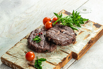 Griiled meat steak cutlets, Concept healthy and balanced eating. place for text, top view