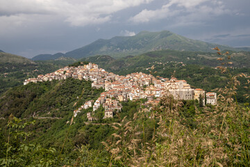 Fototapeta na wymiar Beautiful view of the White City, Mediterranean mountain village in the middle of nature, Rivello, Campania, Salerno, Italy