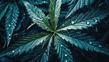 Close up of Marijuana leaves with water drop in dark black background. Fresh fruit herbal and Vegetable concept. Nutrition vitamin and medicine theme. Generative AI - obrazy, fototapety, plakaty