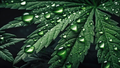 Close up of Marijuana leaves with water drop in dark black background. Fresh fruit herbal and Vegetable concept. Nutrition vitamin and medicine theme. Generative AI