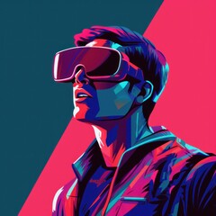 Man wearing VR Goggle Headset, virtual reality metaverse illustration, future meta headset