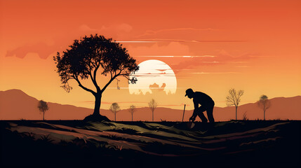 person planting a tree in soil at sunrise - generative ai