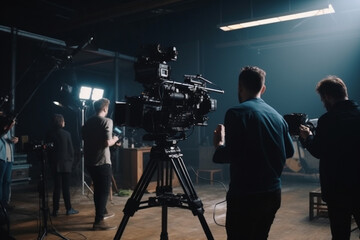 unrecognizable Production team shooting some video movie for tv commercial with studio equipment set