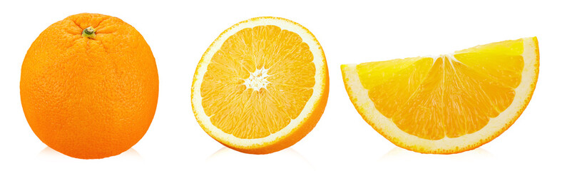 Whole orange, half and quarter isolated on white background.