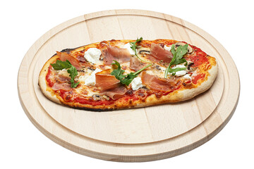 Delicious pizza served on wooden plate isolated on white background. File contains clipping path. 