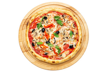 Fresh Italian pizza with meat and olives. Isolated on white background.