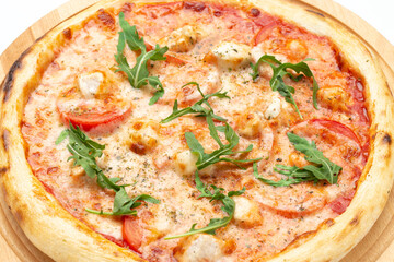 Fresh Italian pizza with arugula and cheese, close-up. Isolated on white background.