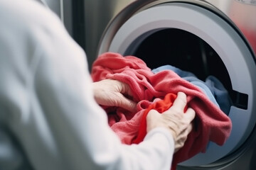 unrecognizable senior washwoman taking of cleaned up towels from the washing machine in the laundry