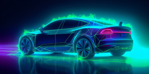 Electric car futuristic neon banner on dark background. AI generated Generative AI