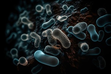 3D illustration of Gram-negative rod-shaped bacteria. Gram-negative rod-shaped bacteria with a single polar flagellum. Microorganism cells close up view on a dark background, AI Generated