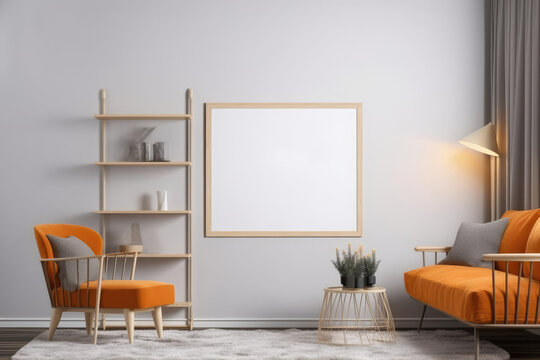 Mock up poster frame in interior background. 3D Illustration, Mockup poster frame in a modern home living room, AI Generated