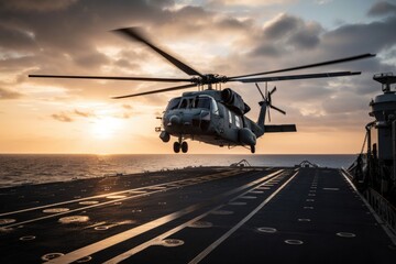 Fototapeta na wymiar Helicopter on the deck of an aircraft carrier during sunset. Military helicopter landing on an aircraft carrier, AI Generated